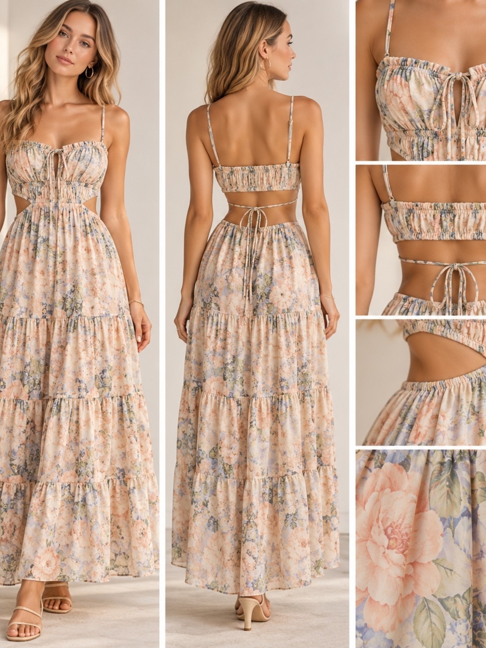 ASTR The Label Odina Blue Peach Floral Cutout Tiered Maxi Dress Size M